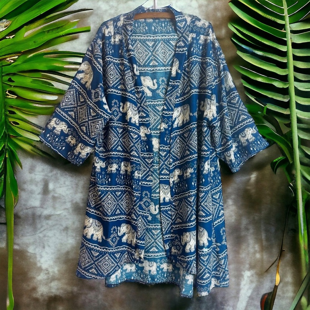 Unbranded Blue Boho Elephant Open Front Kimono Top With Pockets